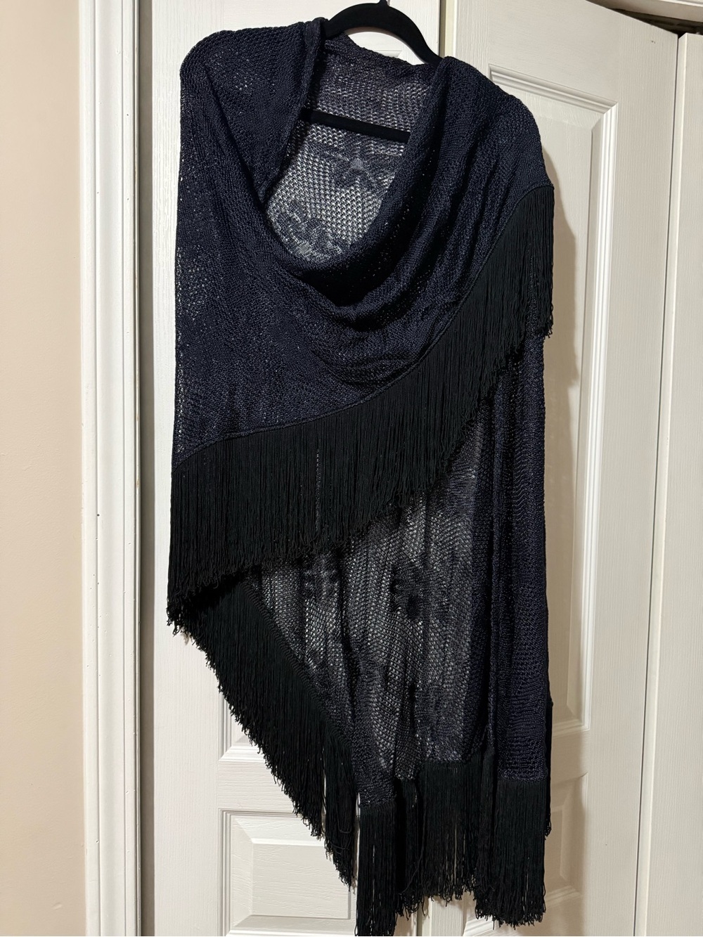 Black Fringe Knit Triangle Shawl with Star Floral Design Made in Italy - OS